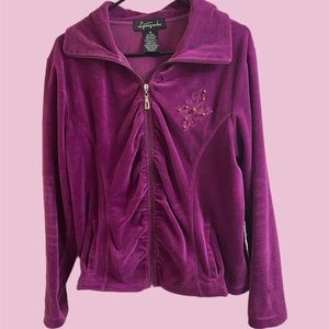 y2k runched velour zipup with flare sleeves & a floral beaded design